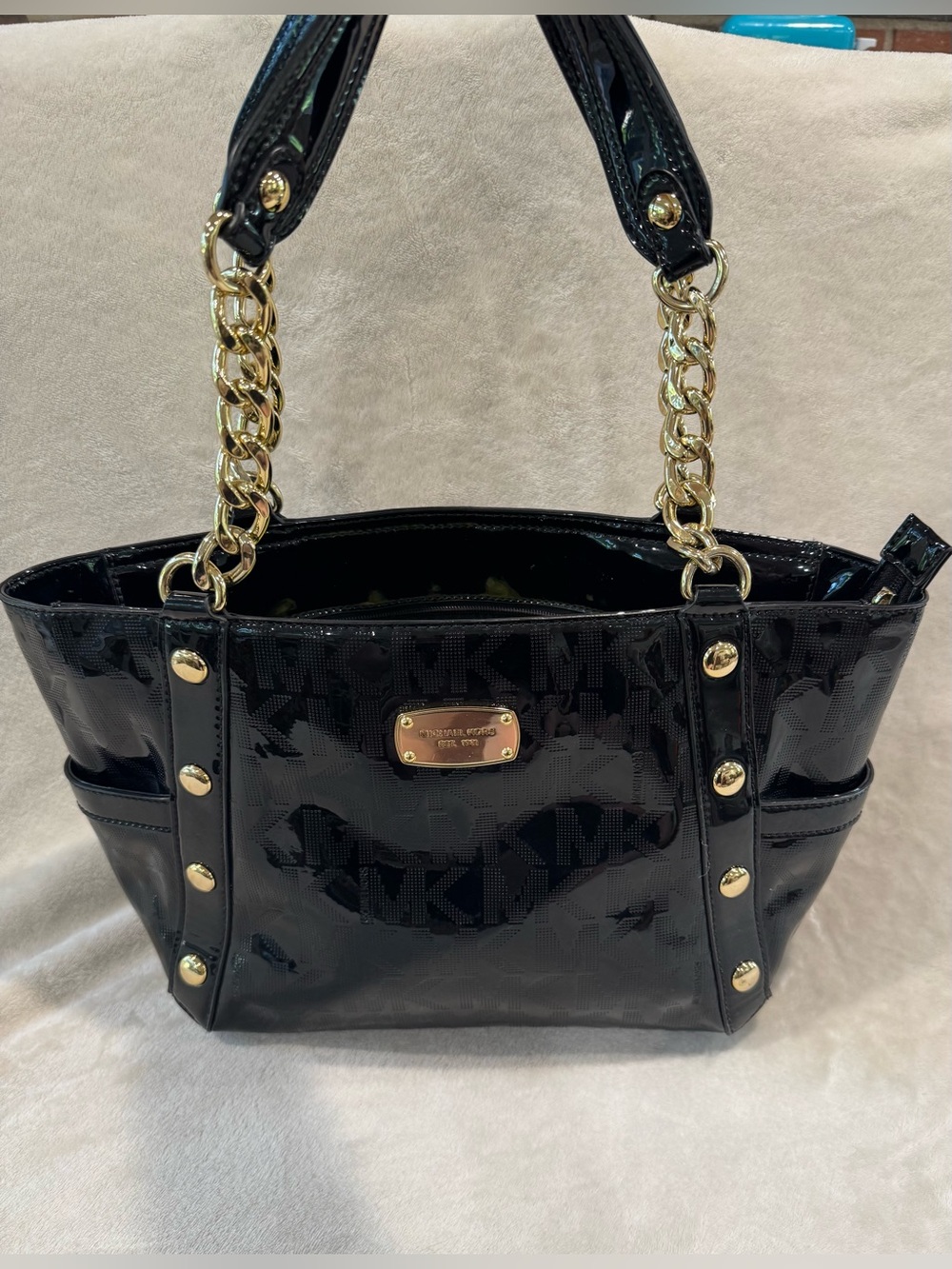 Michael Kors Black Patent Logo Tote with Gold Chain Handles